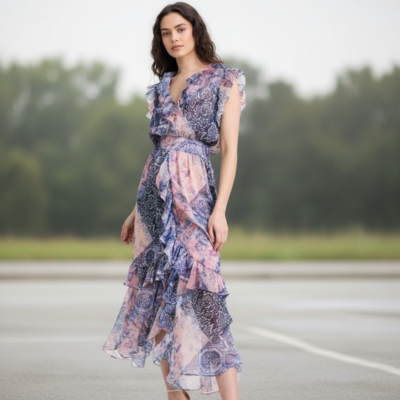 MISA Los Angeles Boho Patchwork Floral Ruffle Maxi Dress V-Neck - Picture 2 of 12